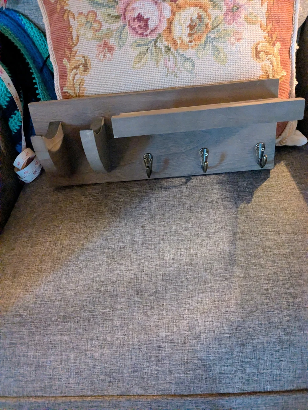 Rustic Gray Wooden Wall Hook Shelf with Three Metal Hooks